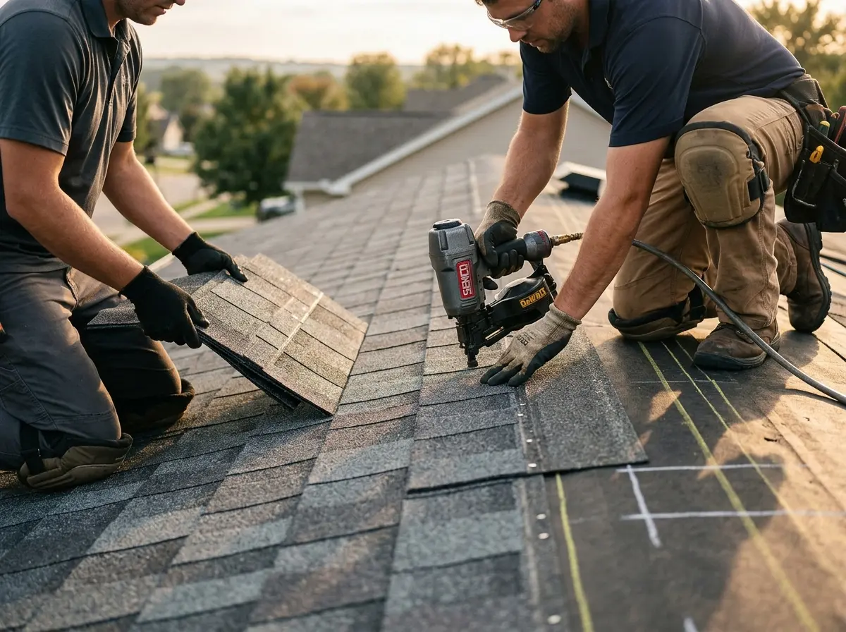 Professional roofer working on a residential roof in Blue Ash
